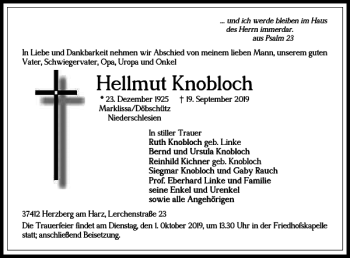 Traueranzeige von Hellmut Knobloch von Harz Kurier