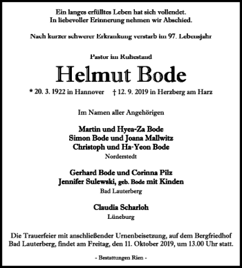 Traueranzeige von Helmut Bode Helmut Bode von Harz Kurier