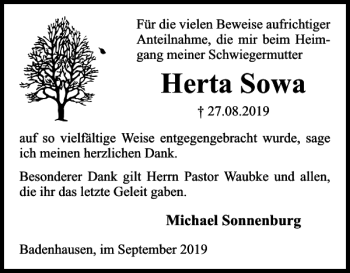 Traueranzeige von Herta Sowa von Harz Kurier