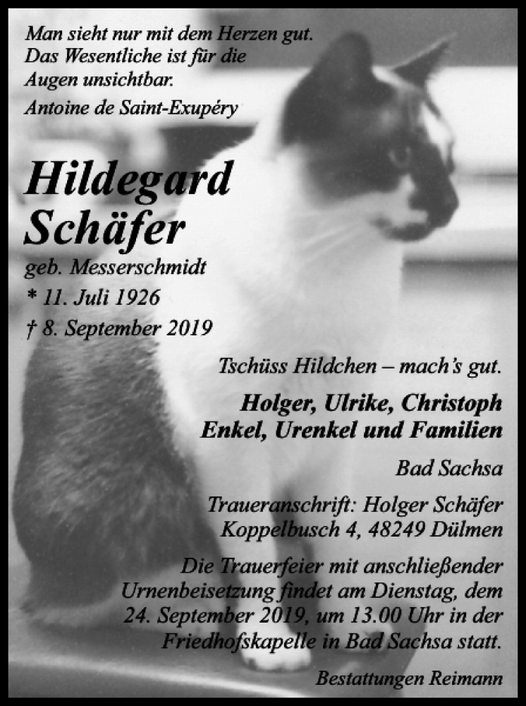  Traueranzeige für Hildegard Schäfer vom 18.09.2019 aus Harz Kurier