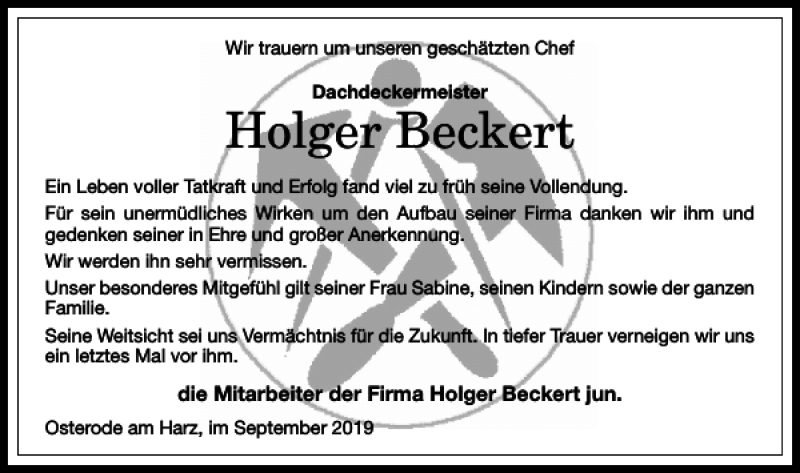  Traueranzeige für Holger Beckert vom 07.09.2019 aus Harz Kurier