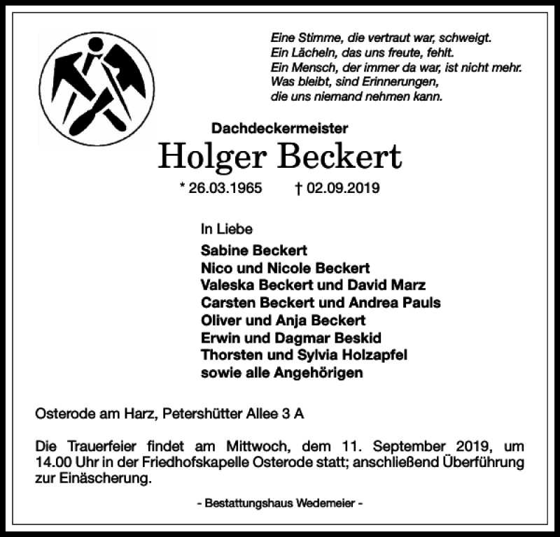  Traueranzeige für Holger Beckert vom 07.09.2019 aus Harz Kurier
