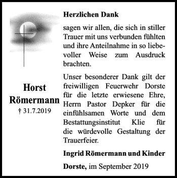 Traueranzeige von Horst Römermann von Harz Kurier