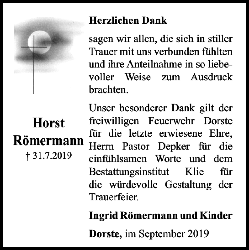  Traueranzeige für Horst Römermann vom 21.09.2019 aus Harz Kurier