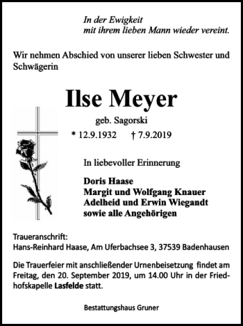 Traueranzeige von Ilse Meyer von Harz Kurier