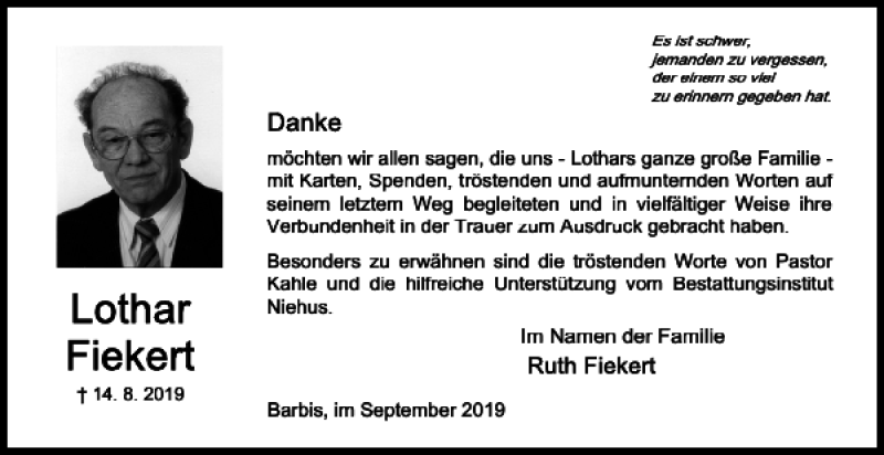  Traueranzeige für Im der vom 14.09.2019 aus Harz Kurier