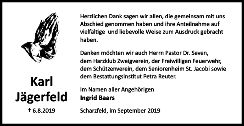 Traueranzeige für Karl Jägerfeld vom 14.09.2019 aus Harz Kurier