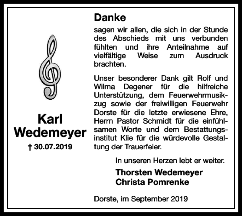  Traueranzeige für Karl Wedemeyer vom 07.09.2019 aus Harz Kurier