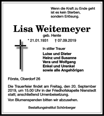 Traueranzeige von Lisa Weitemeyer von Harz Kurier