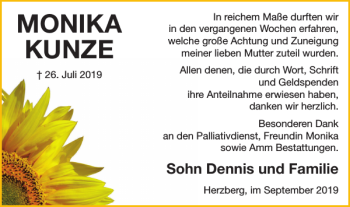 Traueranzeige von MONIKA KUNZE von Harz Kurier
