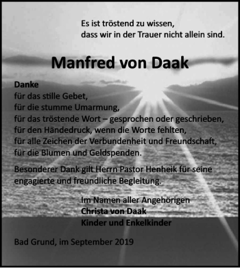 Traueranzeige von Manfred von Daak von Harz Kurier