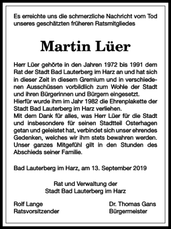 Traueranzeige von Martin Lüer von Harz Kurier