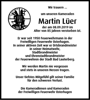 Traueranzeige von Martin Lüer von Harz Kurier