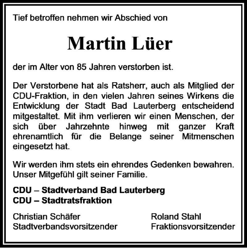  Traueranzeige für Martin Lüer vom 20.09.2019 aus Harz Kurier
