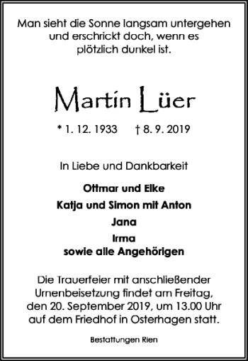 Traueranzeige von Martin Lüer Martin Lüer von Harz Kurier