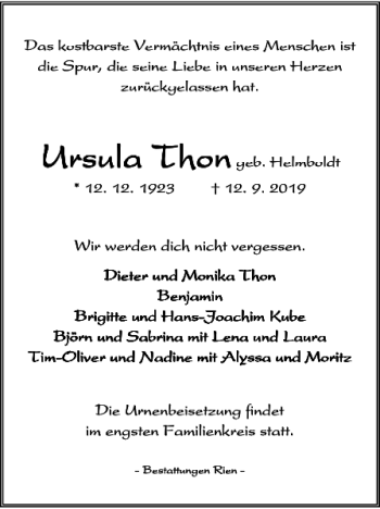 Traueranzeige von Ursula Thon von Harz Kurier
