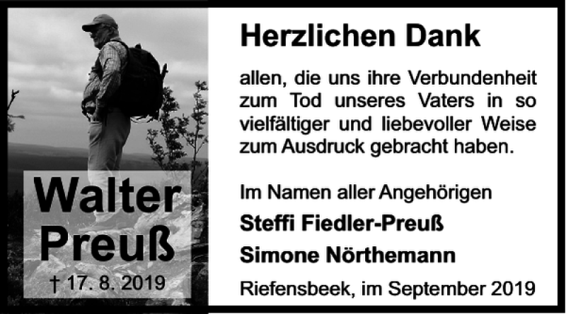  Traueranzeige für Walter Preuß vom 07.09.2019 aus Harz Kurier