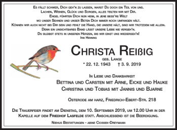 Traueranzeige von christa r Eißig von Harz Kurier