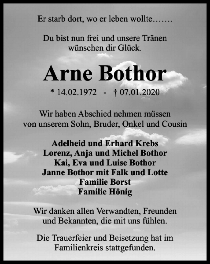  Traueranzeige für Arne Bothor vom 29.01.2020 aus Harz Kurier