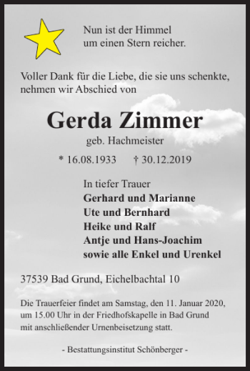 Traueranzeige von Gerda Zimmer von Harz Kurier
