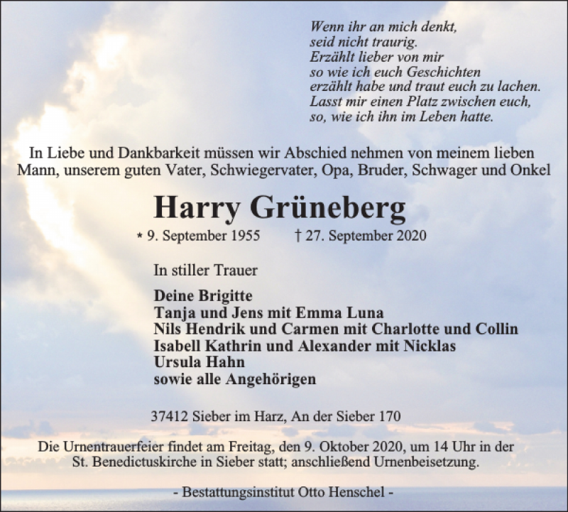  Traueranzeige für Harry Grüneberg vom 02.10.2020 aus Harz Kurier