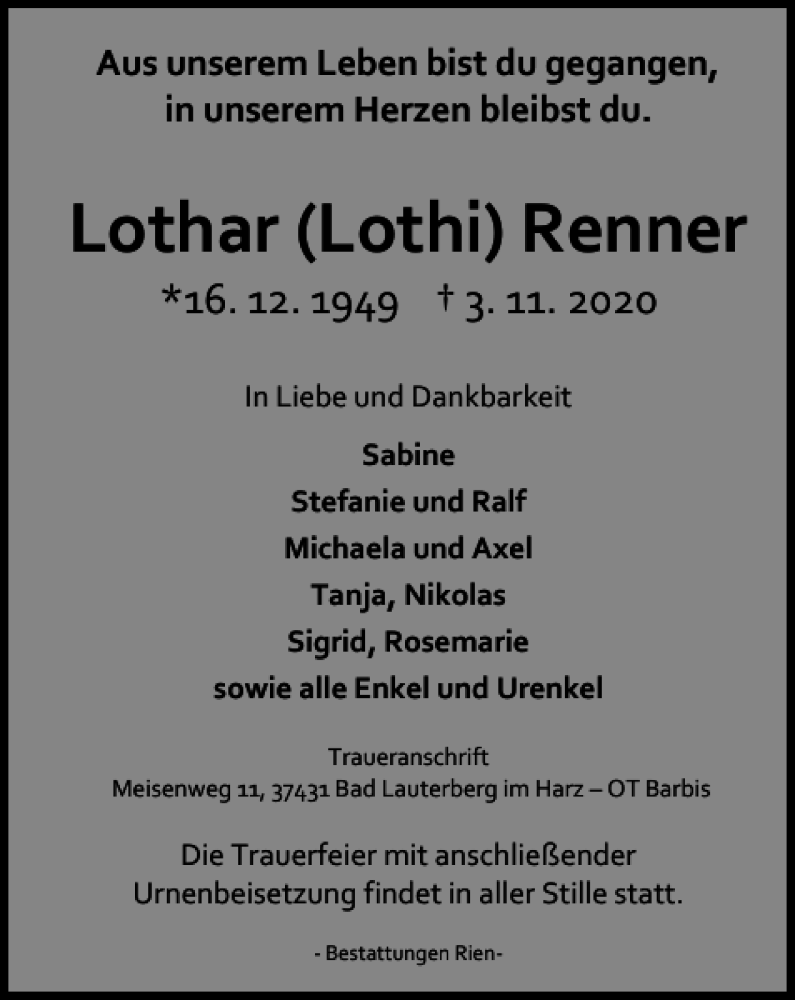  Traueranzeige für Lothar Lothi Renner vom 10.11.2020 aus Harz Kurier