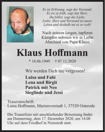 Traueranzeige von Klaus Hoffmann von Harz Kurier
