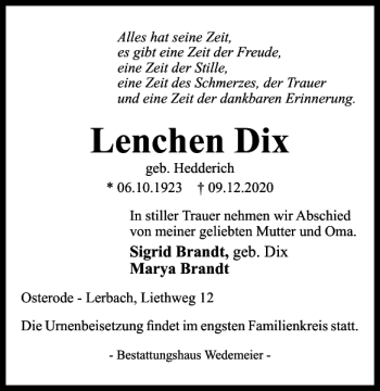 Traueranzeige von Lenchen Dix von Harz Kurier