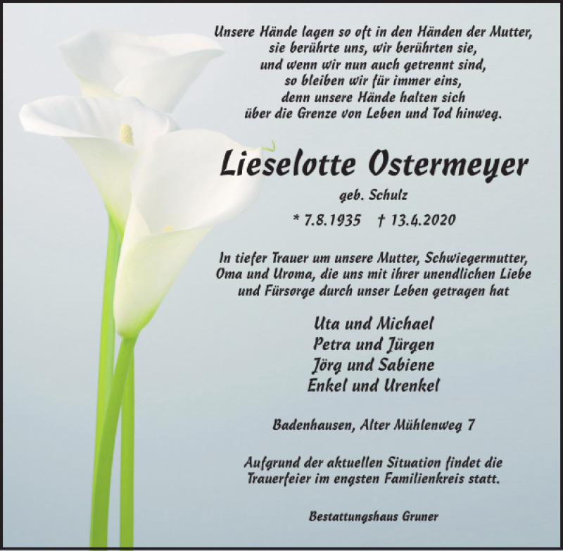  Traueranzeige für Lieselotte Ostermeyer vom 17.04.2020 aus Harz Kurier