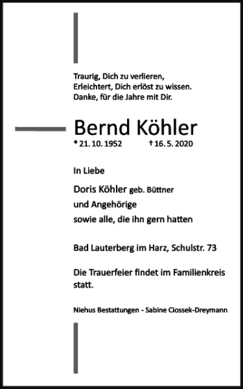 Traueranzeige von Bernd Köhler von Harz Kurier