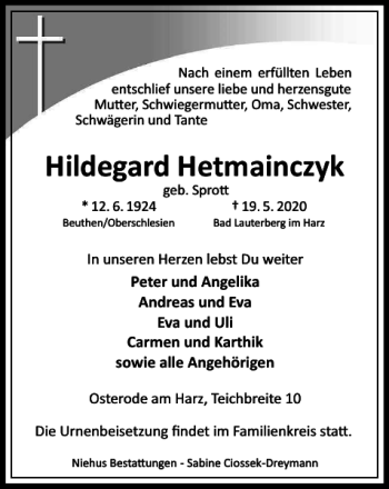 Traueranzeige von Hildegard Hetmainczyk von Harz Kurier