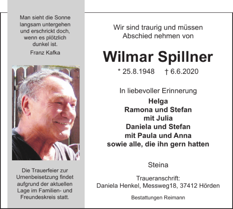  Traueranzeige für Wilmar Spillner vom 13.06.2020 aus Harz Kurier
