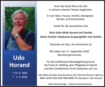 Traueranzeige von Udo Horand von Harz Kurier
