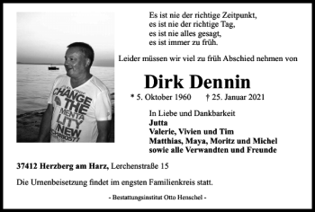Traueranzeige von Dirk Dennin von Harz Kurier