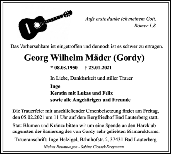 Traueranzeige von Georg Wilhelm Mäder Gordy von Harz Kurier