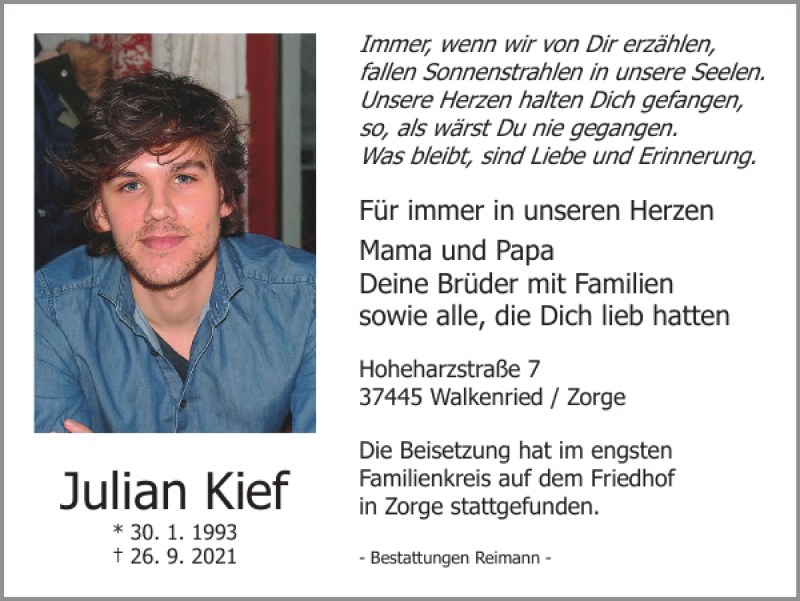  Traueranzeige für Julian Kief vom 02.10.2021 aus Harz Kurier