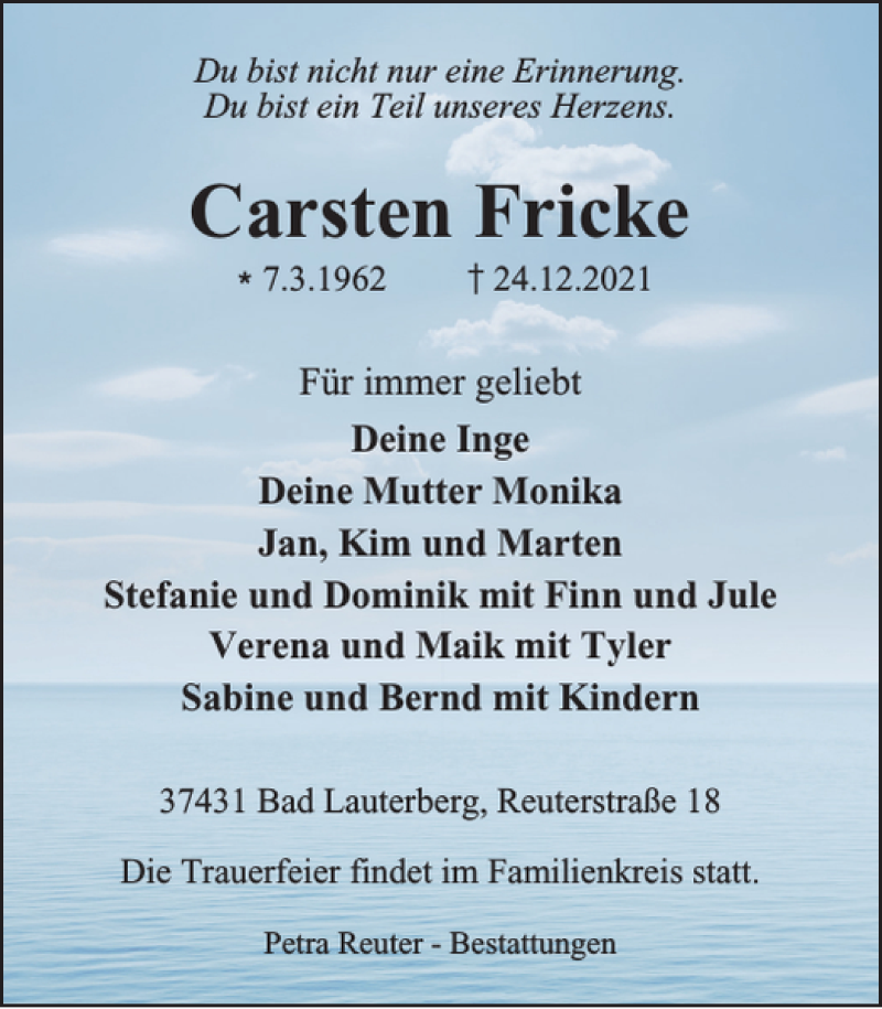  Traueranzeige für Carsten Fricke vom 30.12.2021 aus Harz Kurier