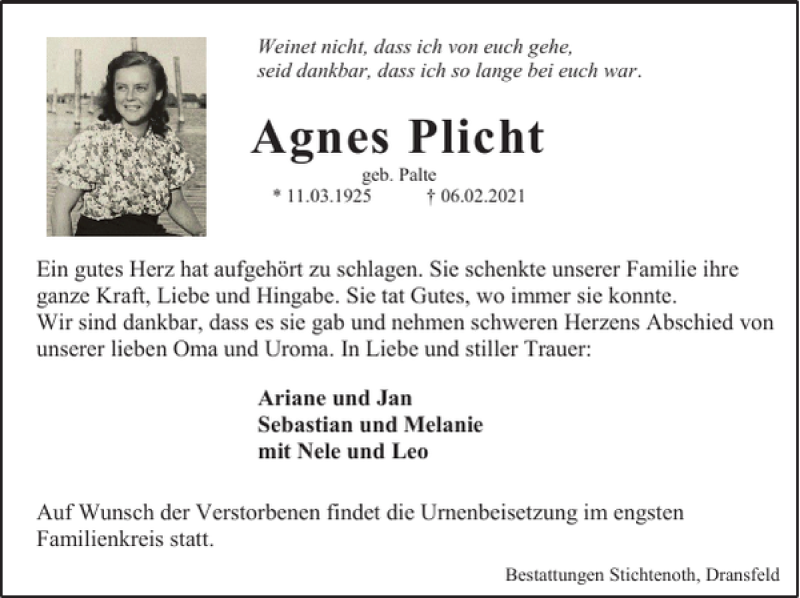  Traueranzeige für Agnes Plicht vom 27.02.2021 aus Harz Kurier