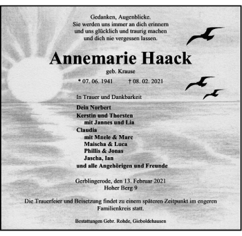 Traueranzeige von Annemarie Haack von Harz Kurier