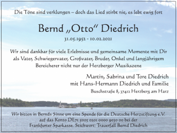 Traueranzeige von Bernd Otto Diedrich von Harz Kurier