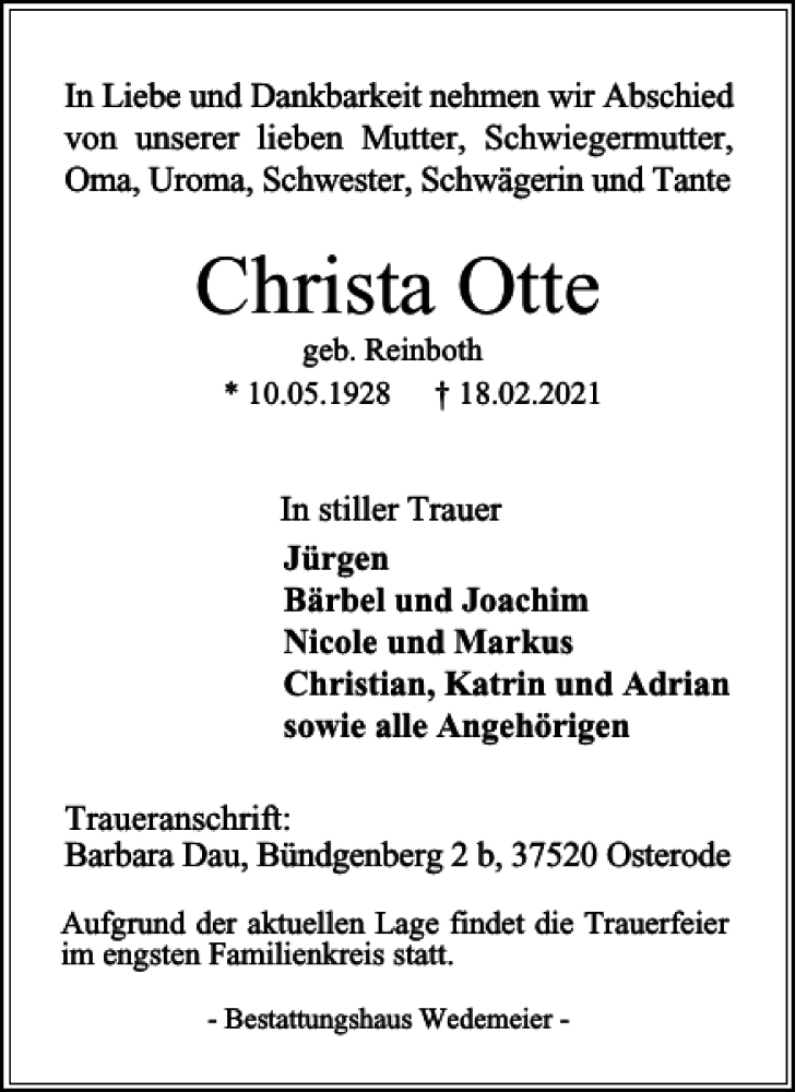  Traueranzeige für Christa Otte vom 27.02.2021 aus Harz Kurier