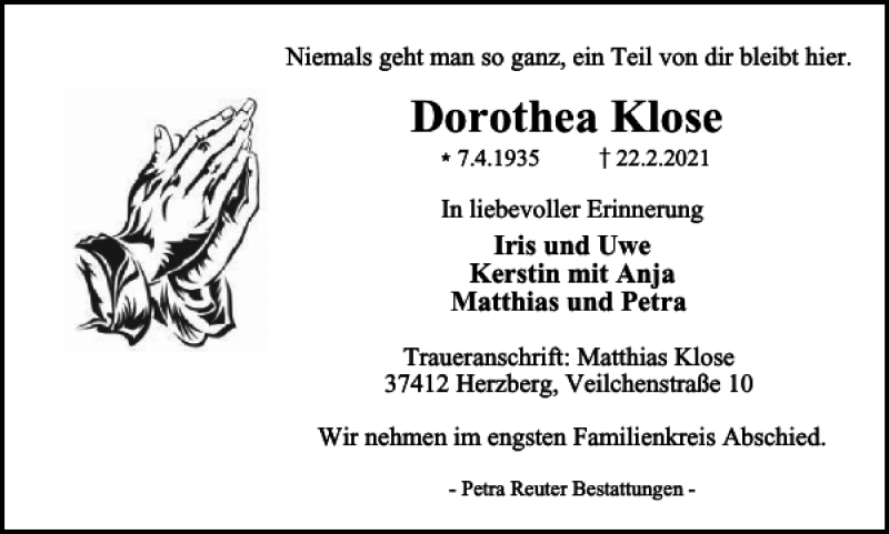  Traueranzeige für Dorothea Klose vom 27.02.2021 aus Harz Kurier