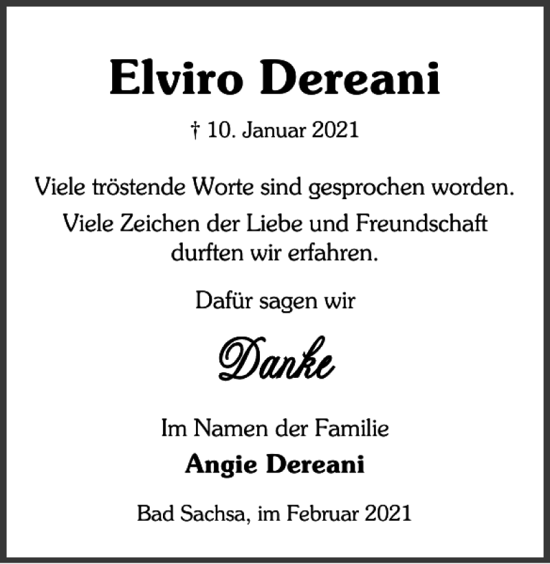 Traueranzeige für Elviro Dereani vom 16.02.2021 aus Harz Kurier