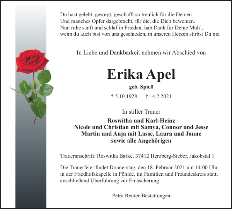  Traueranzeige für Erika Apel vom 17.02.2021 aus Harz Kurier