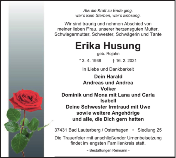 Traueranzeige von Erika Husung von Harz Kurier