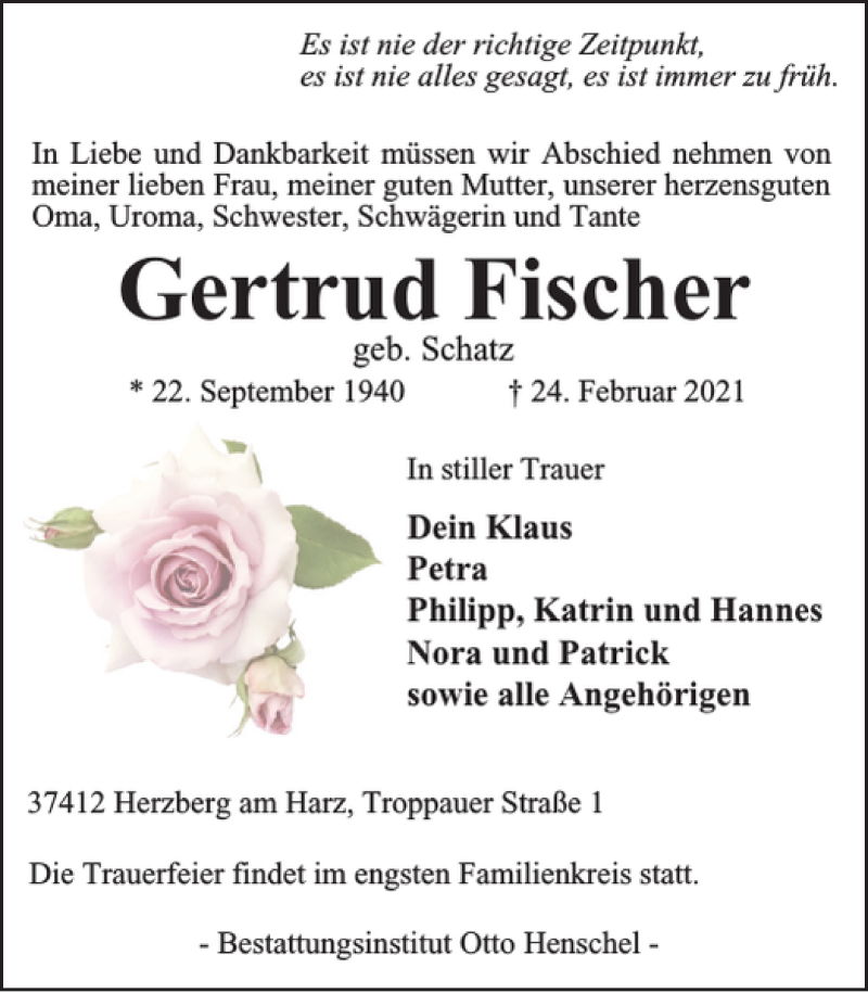  Traueranzeige für Gertrud Fischer vom 27.02.2021 aus Harz Kurier