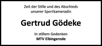 Traueranzeige von Gertrud Gödeke von Harz Kurier