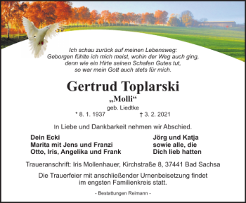 Traueranzeige von Gertrud Toplarski von Harz Kurier
