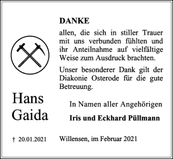 Traueranzeige von Hans Gaida von Harz Kurier