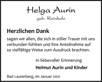 Traueranzeige von Helga Aurin von Harz Kurier